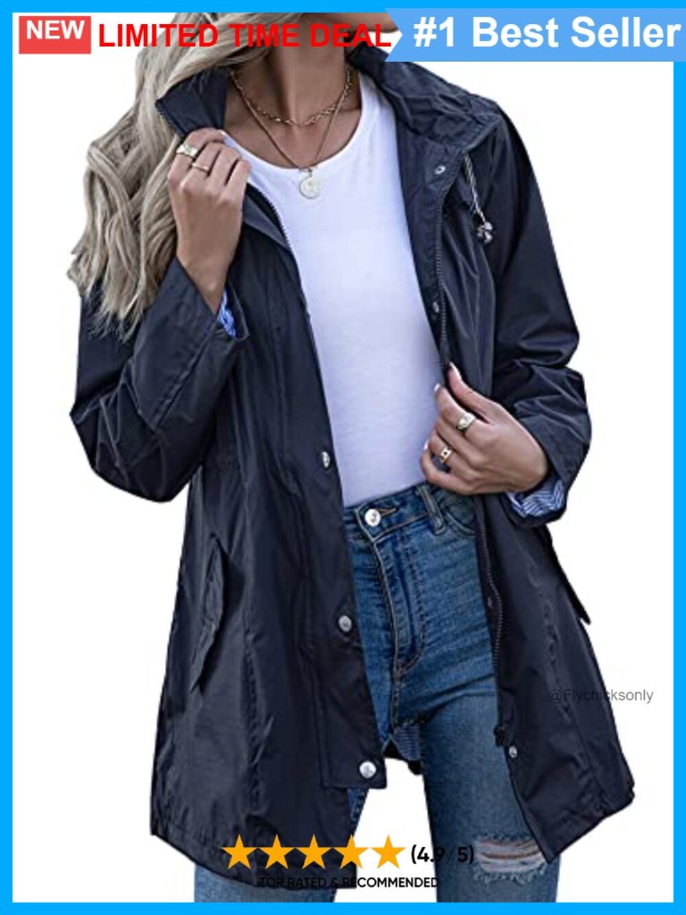 Women's Waterproof Striped Lined Hooded Rain Jacket Windbreaker